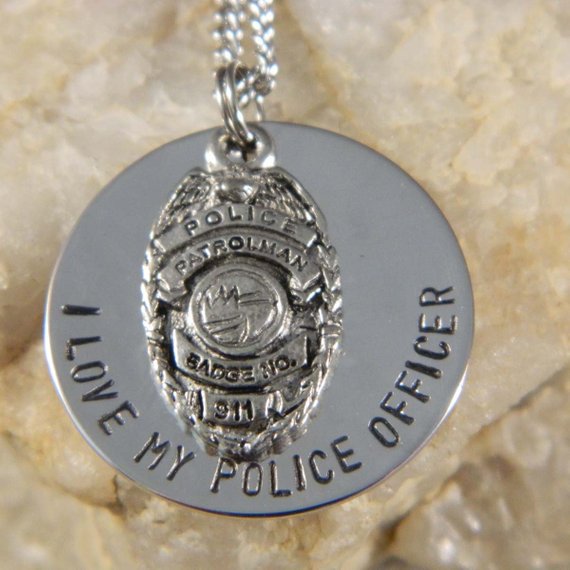 I love My Police Officer, Please Keep Safe Badge Handstamped Necklace